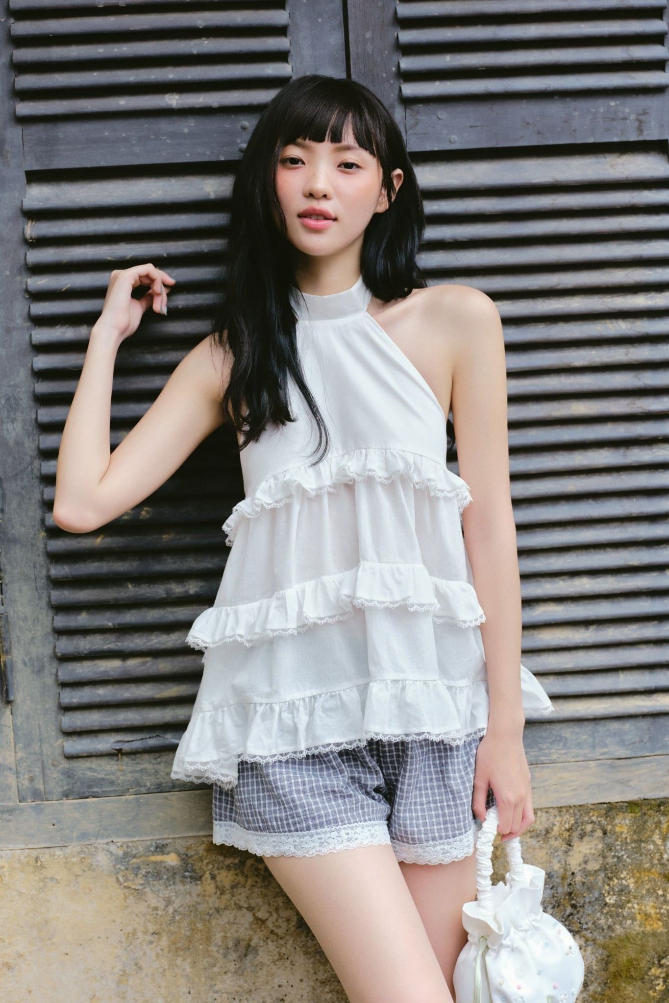 Quần Gray Cotton Checked Ruffled Shorts