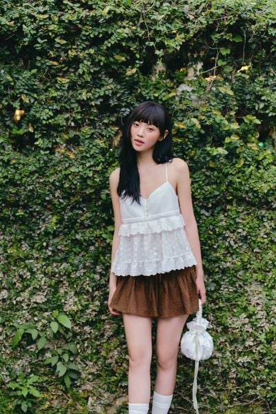  Chân váy Brown Cotton Pleated Mini Skirt 