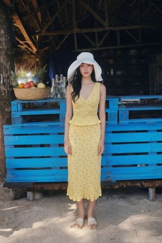 Set đồ dài Yellow Fleur Cotton Vneck Ruffled Set