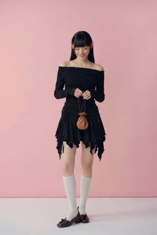 Set trễ vai Black Off Shoulder Ruched Mini Set
