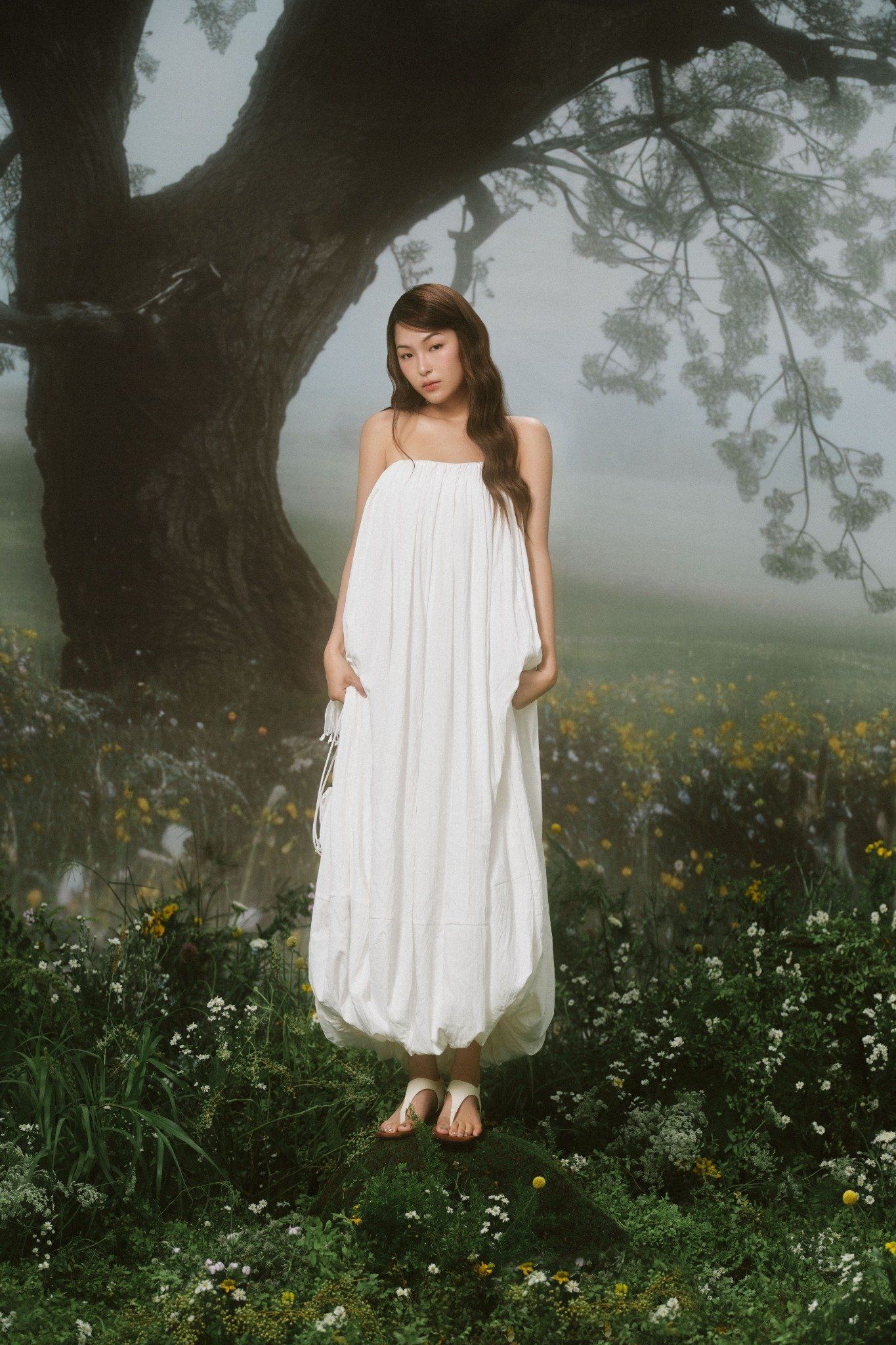 White Pleated Peplum Cup Midi Dress