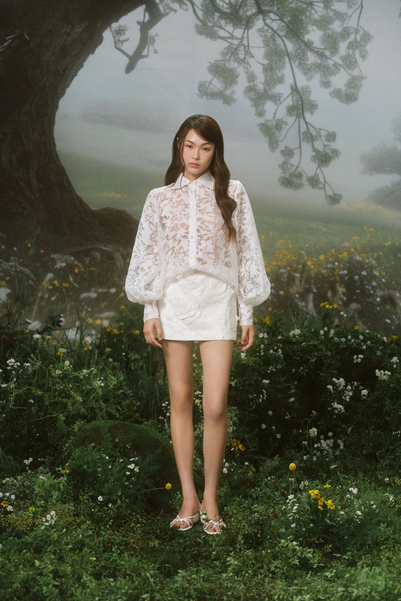 Áo Fleur Lace Sheer Mesh Shirt nhiều màu