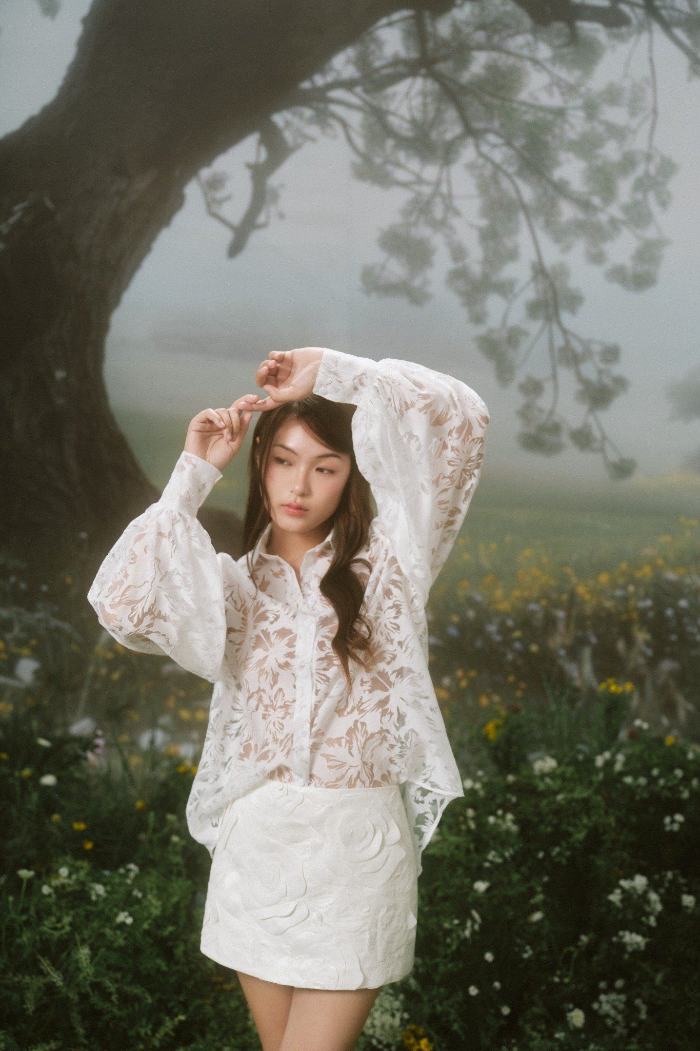 Áo Fleur Lace Sheer Mesh Shirt nhiều màu