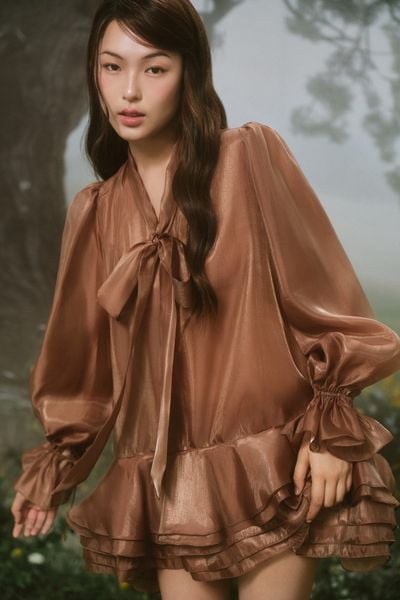  Brown Chiffon Bowy Oversized Mini Dress 