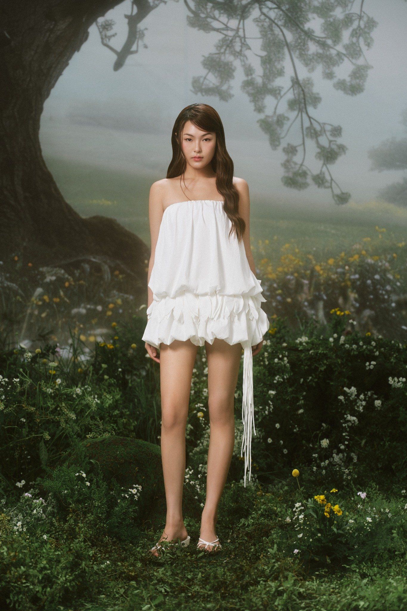 White Puff Strappy Mini Cup Dress