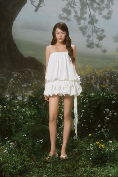  Váy cúp ngực White Puff Strappy Mini Cup Dress 