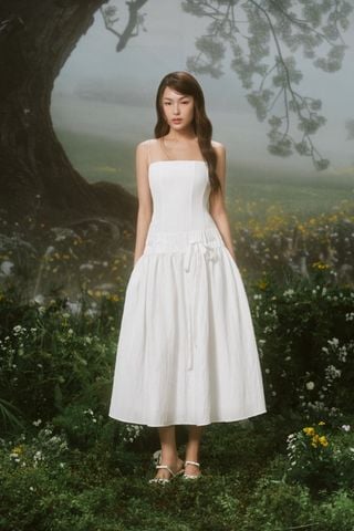 White Square Tie Waist Midi Dress
