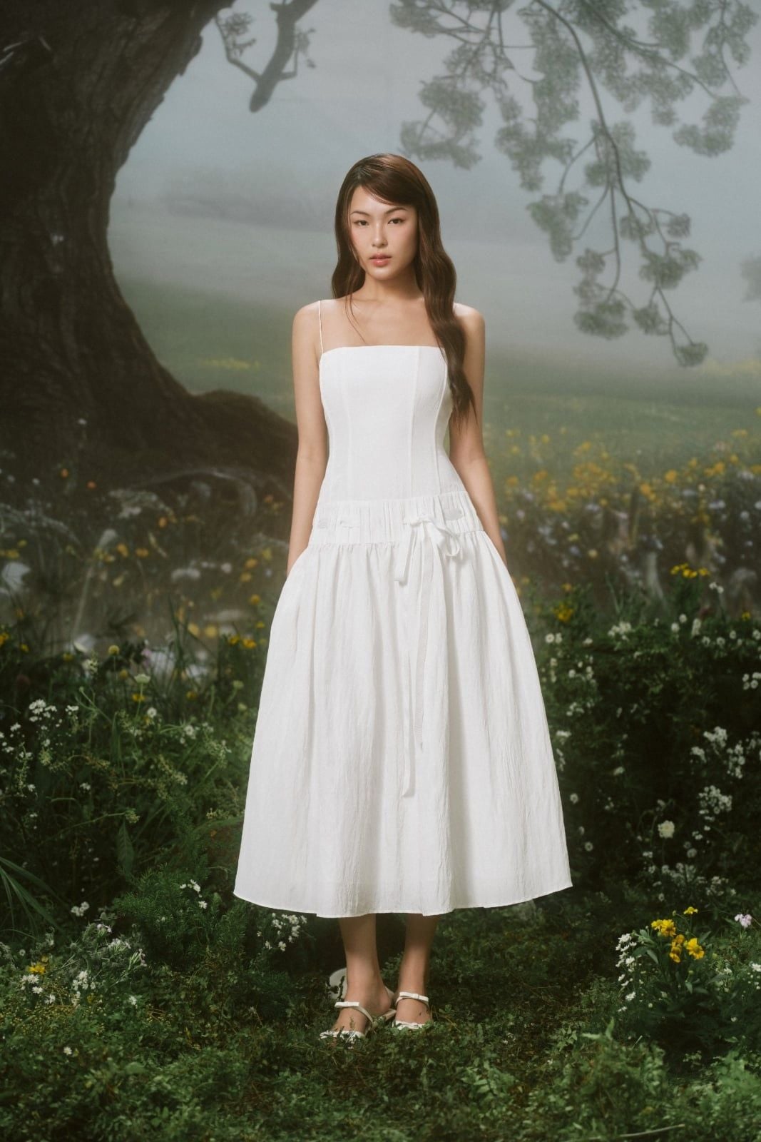 White Square Tie Waist Midi Dress