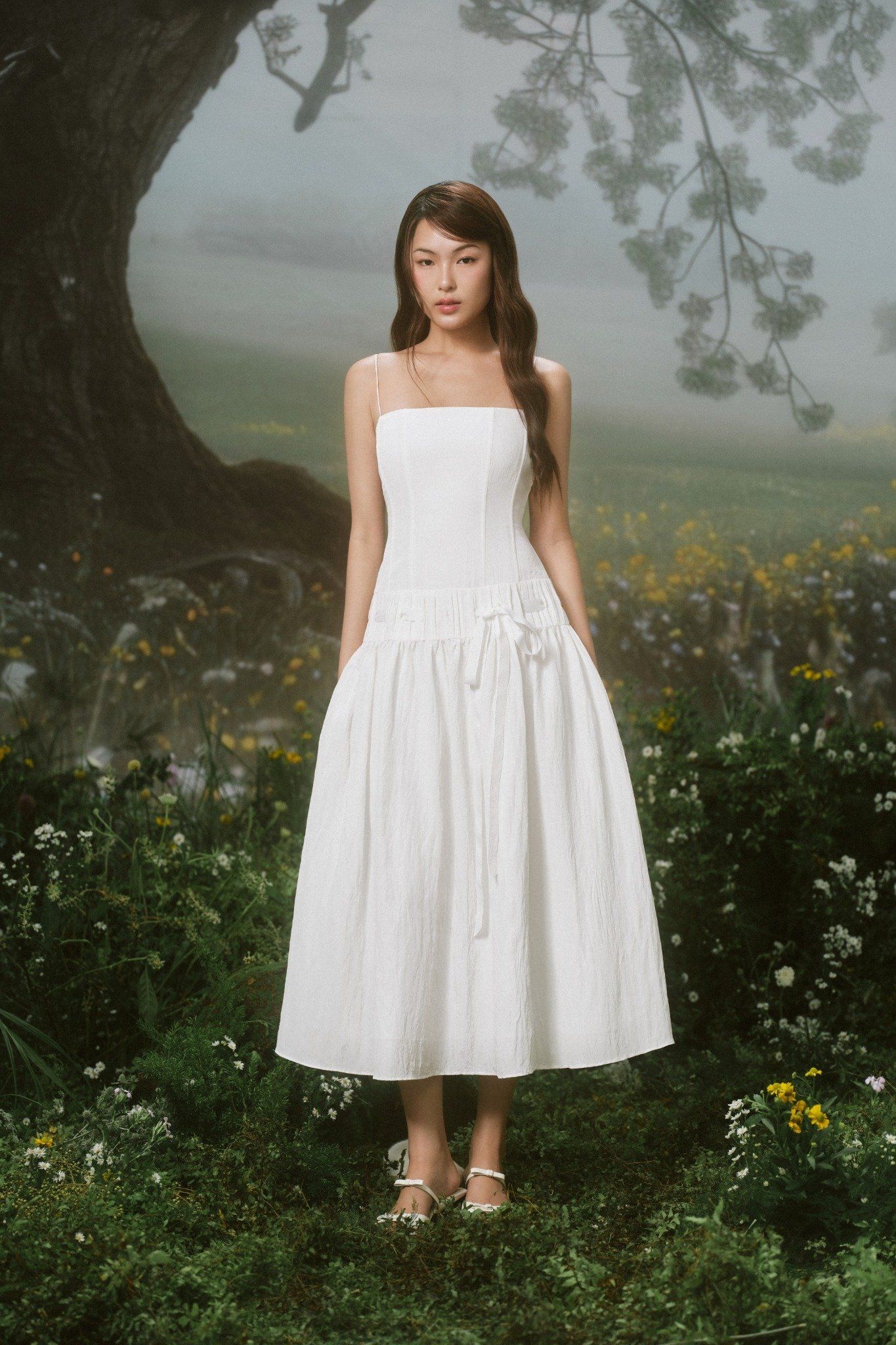 White Square Tie Waist Midi Dress