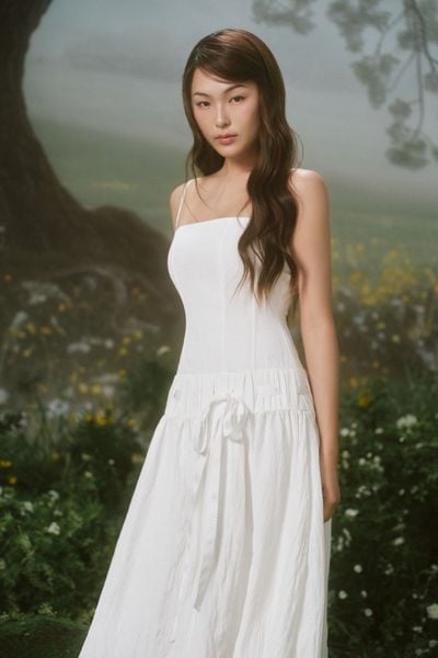  White Square Tie Waist Midi Dress 