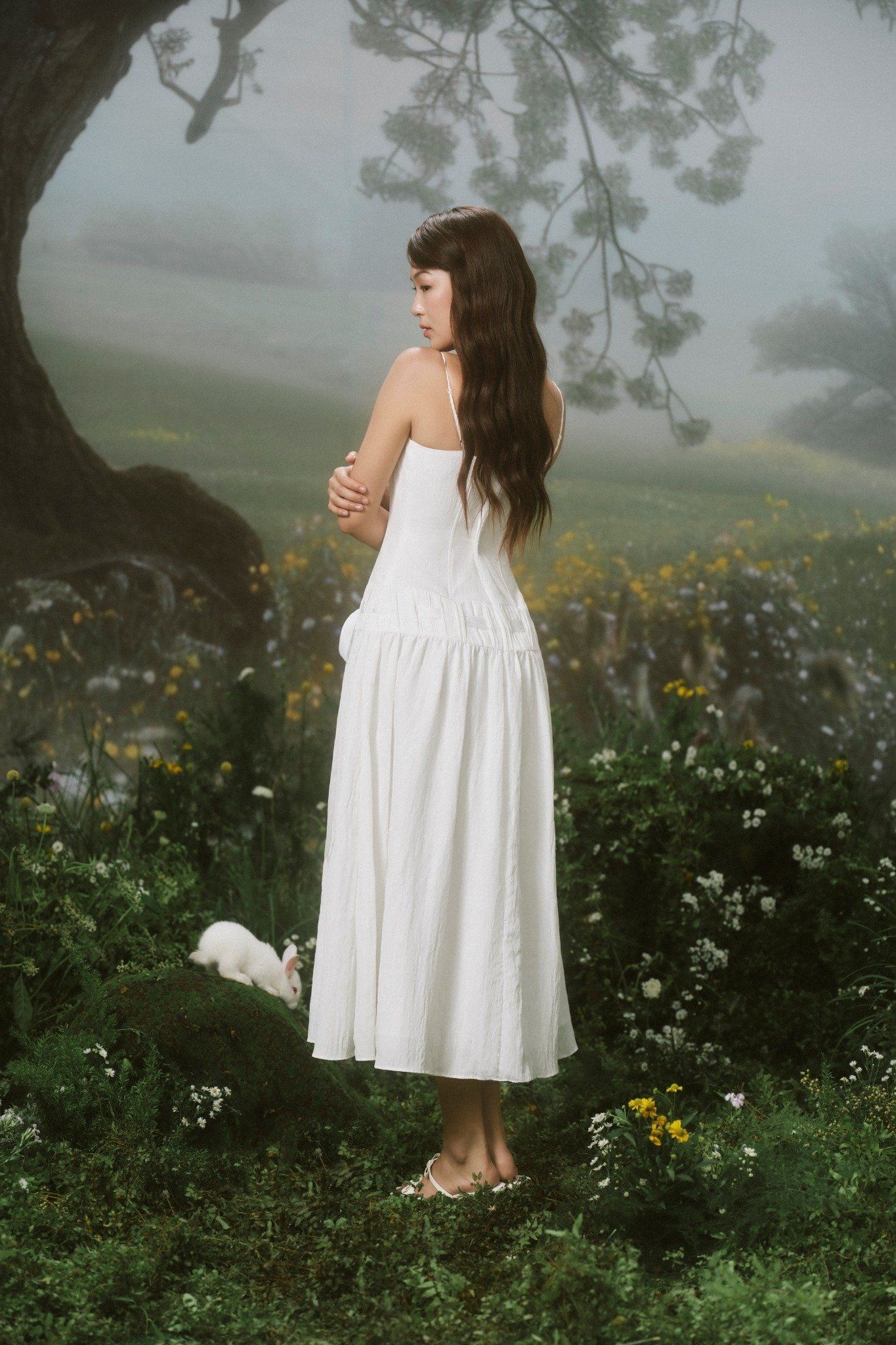 White Square Tie Waist Midi Dress