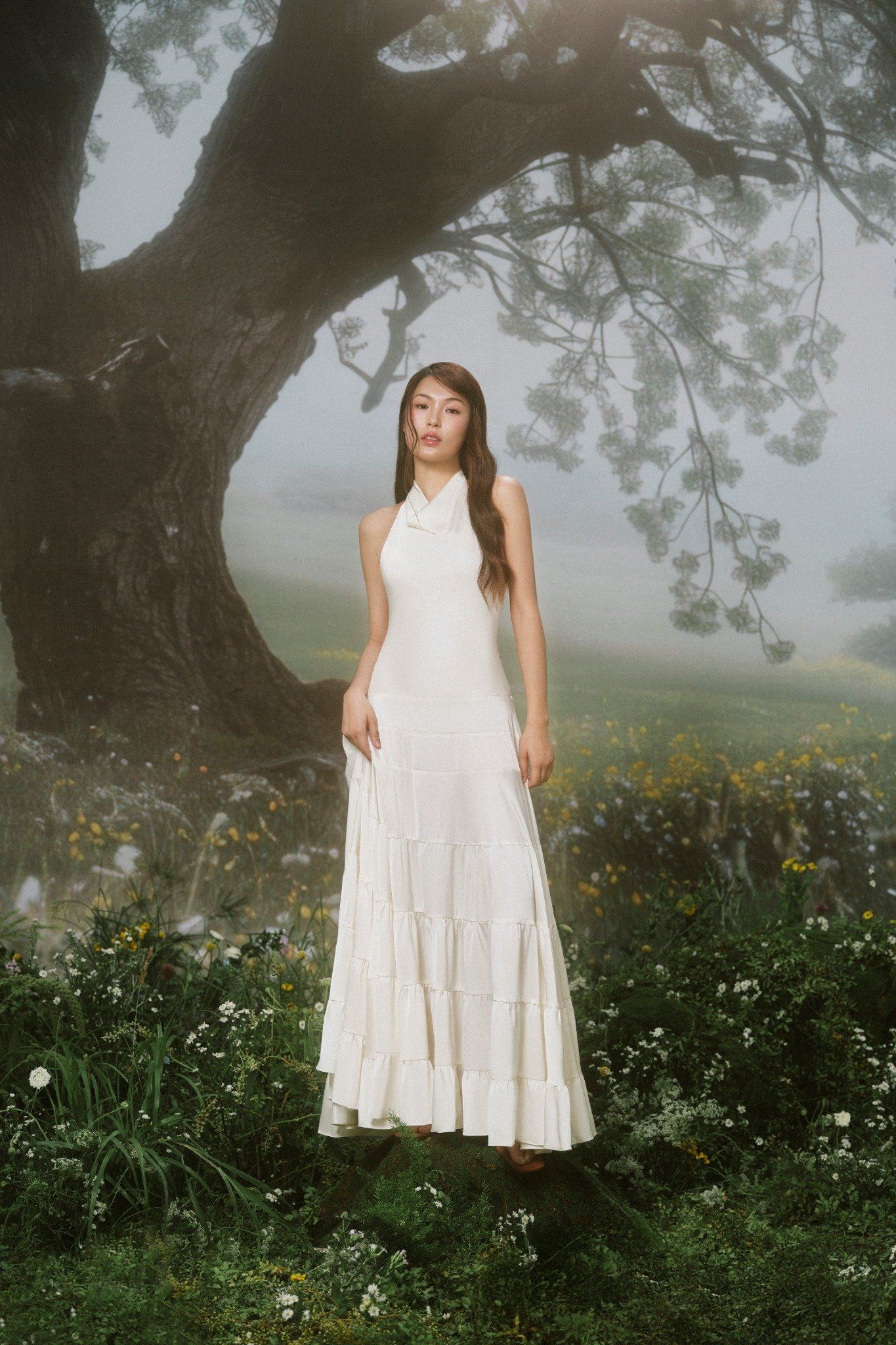 White Silky Halter Neck Tiered Dress