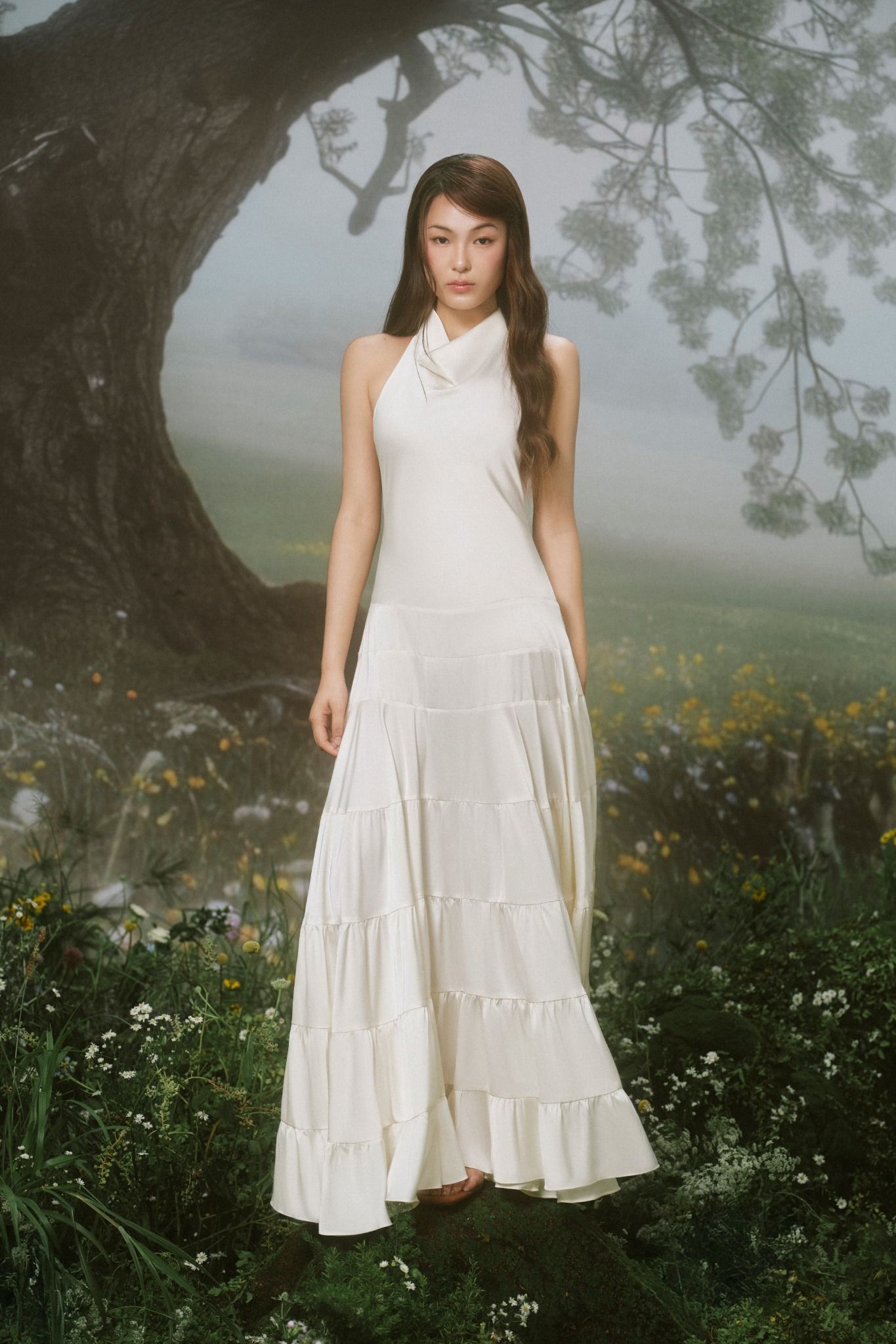 White Silky Halter Neck Tiered Dress