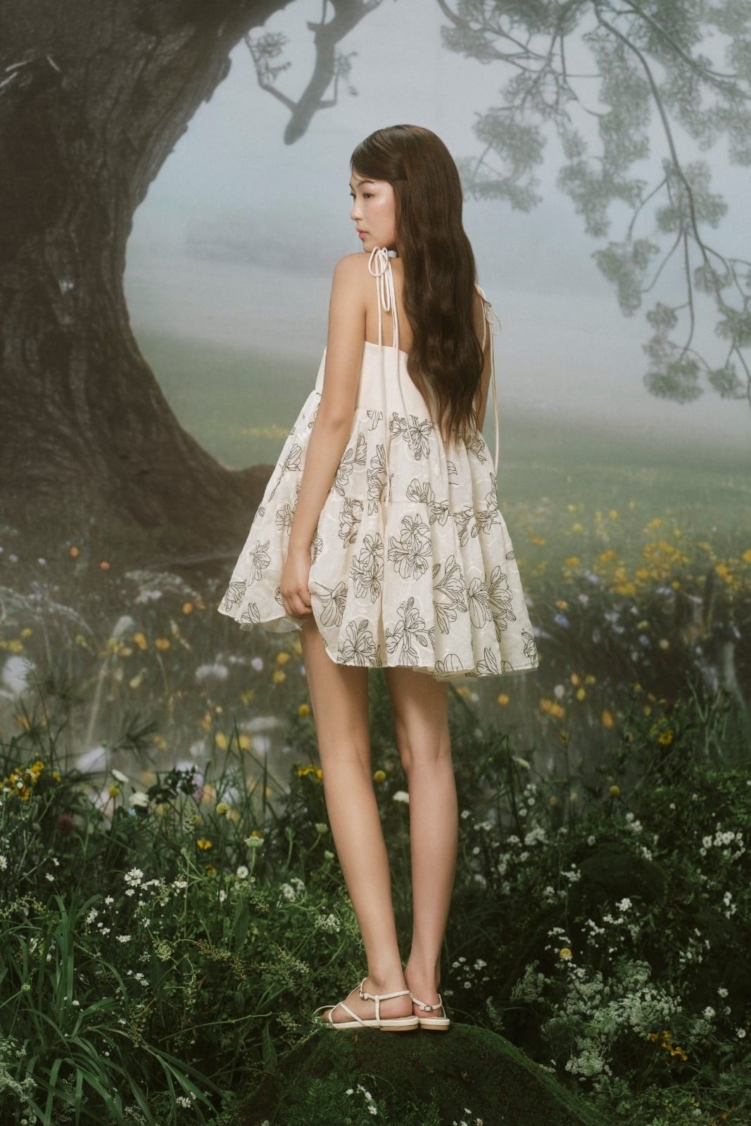 Váy babydoll 2 dây đi tiệc Cream Fleur Babydoll Layered Strappy Mini Dress