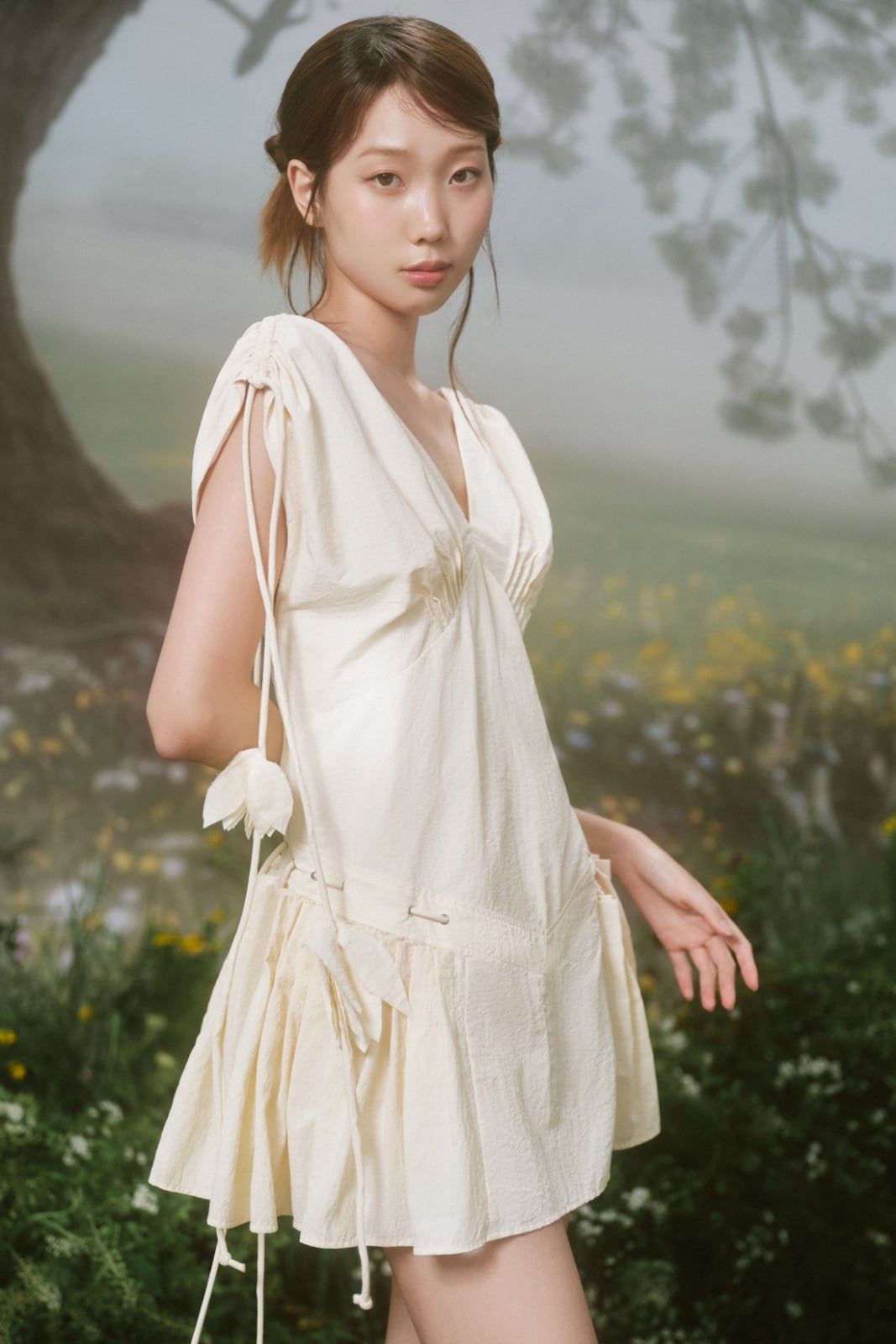 Váy suông cổ V Cream V Neck Tied Sleeves Mini Dress