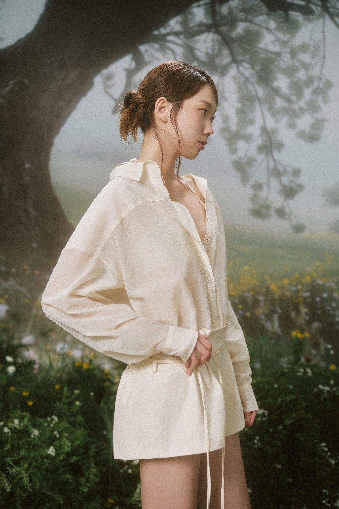 Cream Double Layered Belted Set