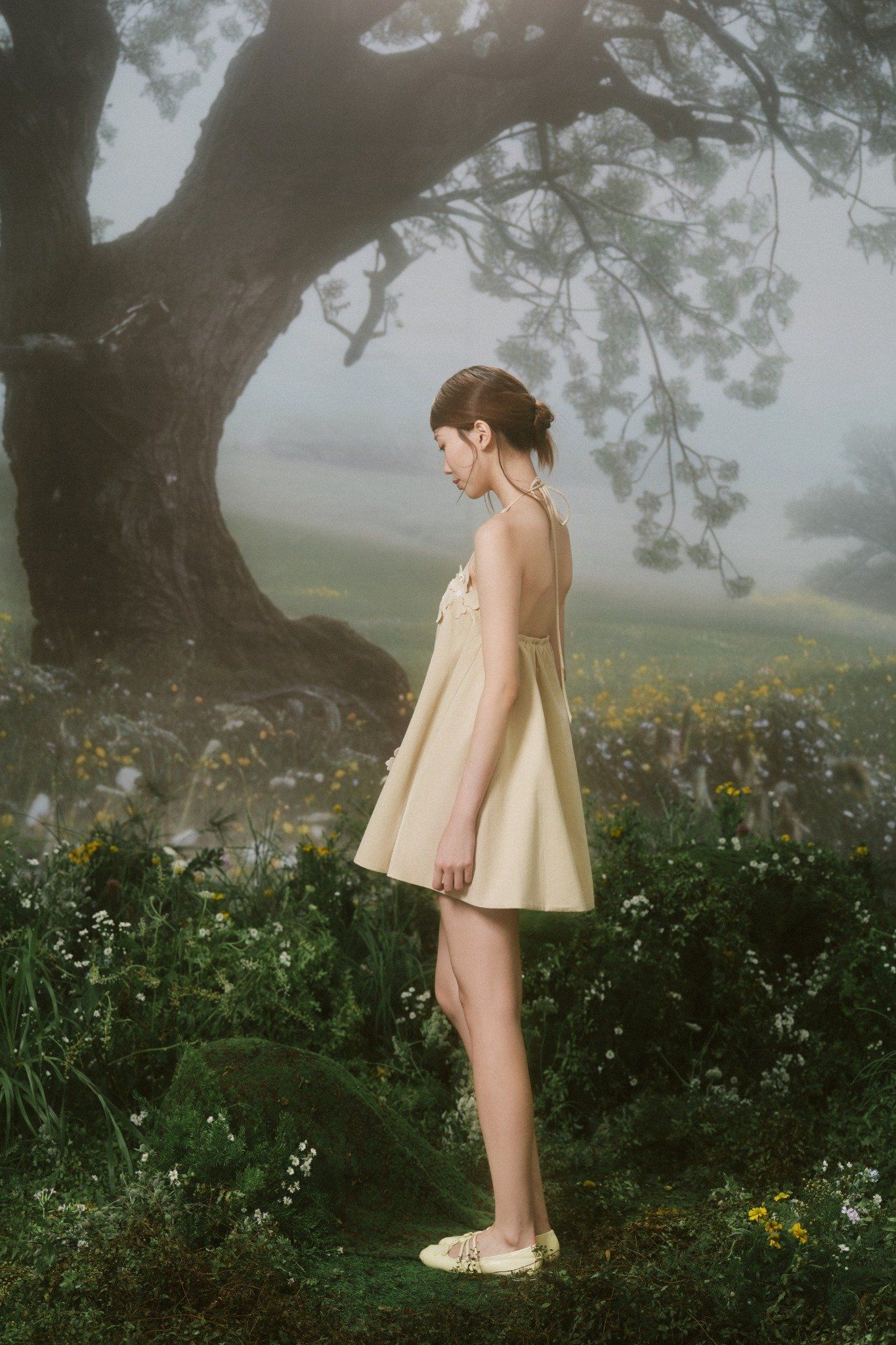 Beige Fleur Halter Mini Dress