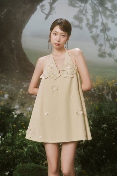  Beige Fleur Halter Mini Dress 