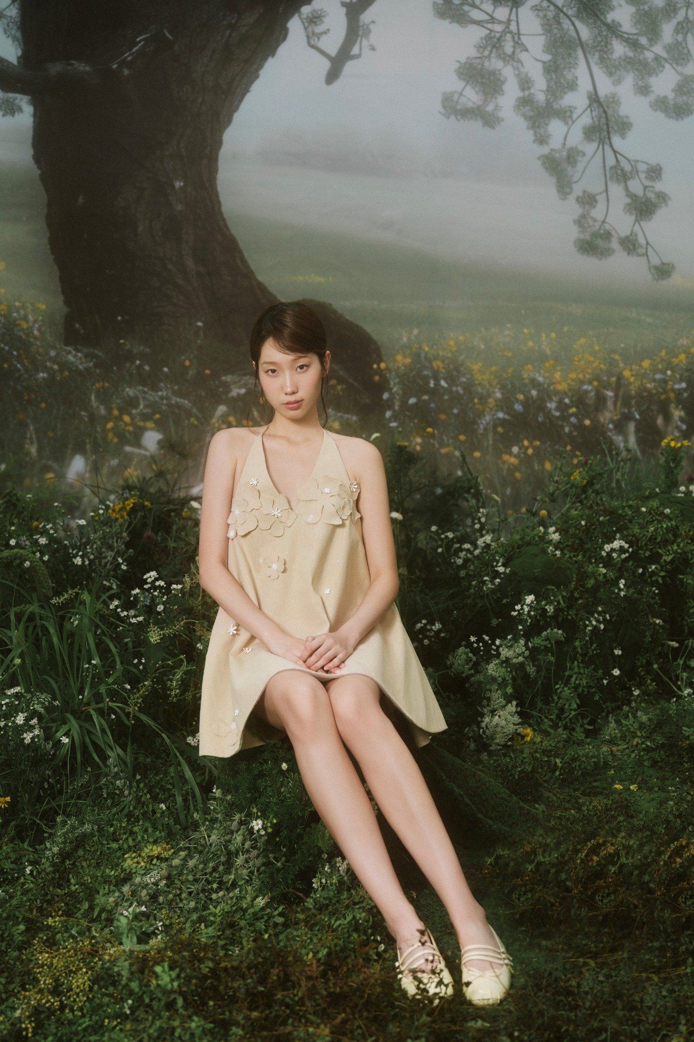 Beige Fleur Halter Mini Dress