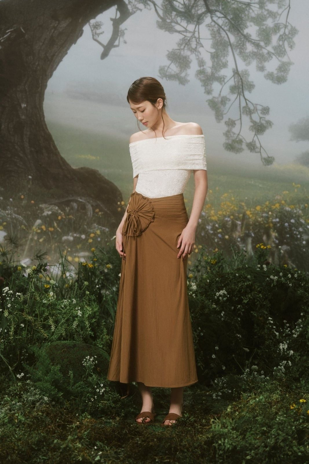 Áo Ivory Ribbed Off Shoulder Fleur Top