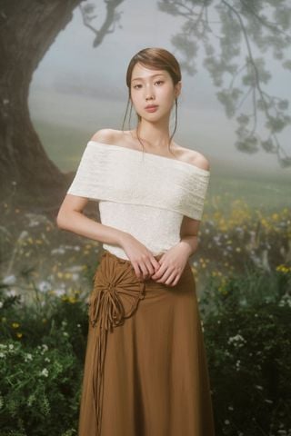 Áo Ivory Ribbed Off Shoulder Fleur Top
