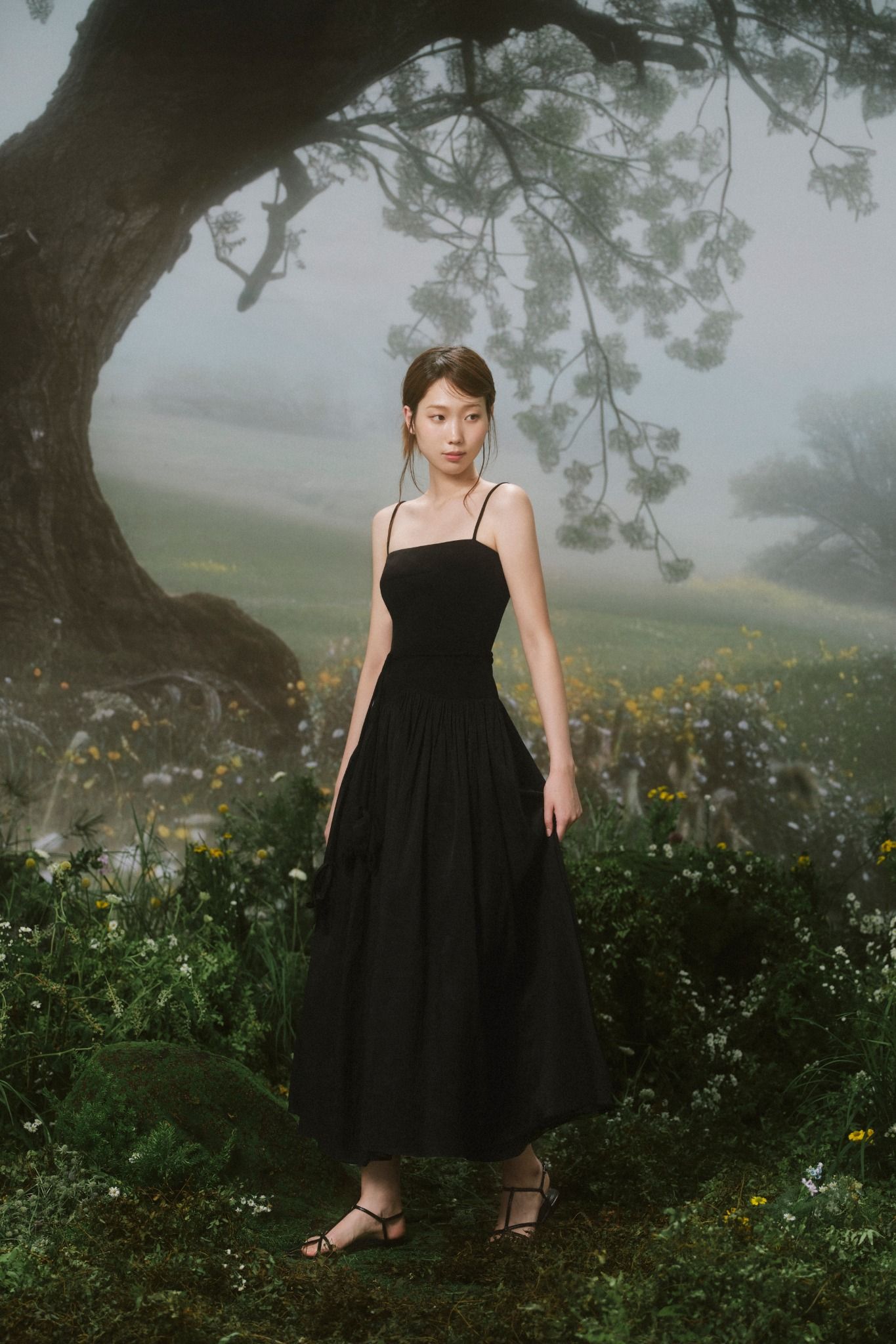 Black Strappy Pleated Belted Maxi Dress