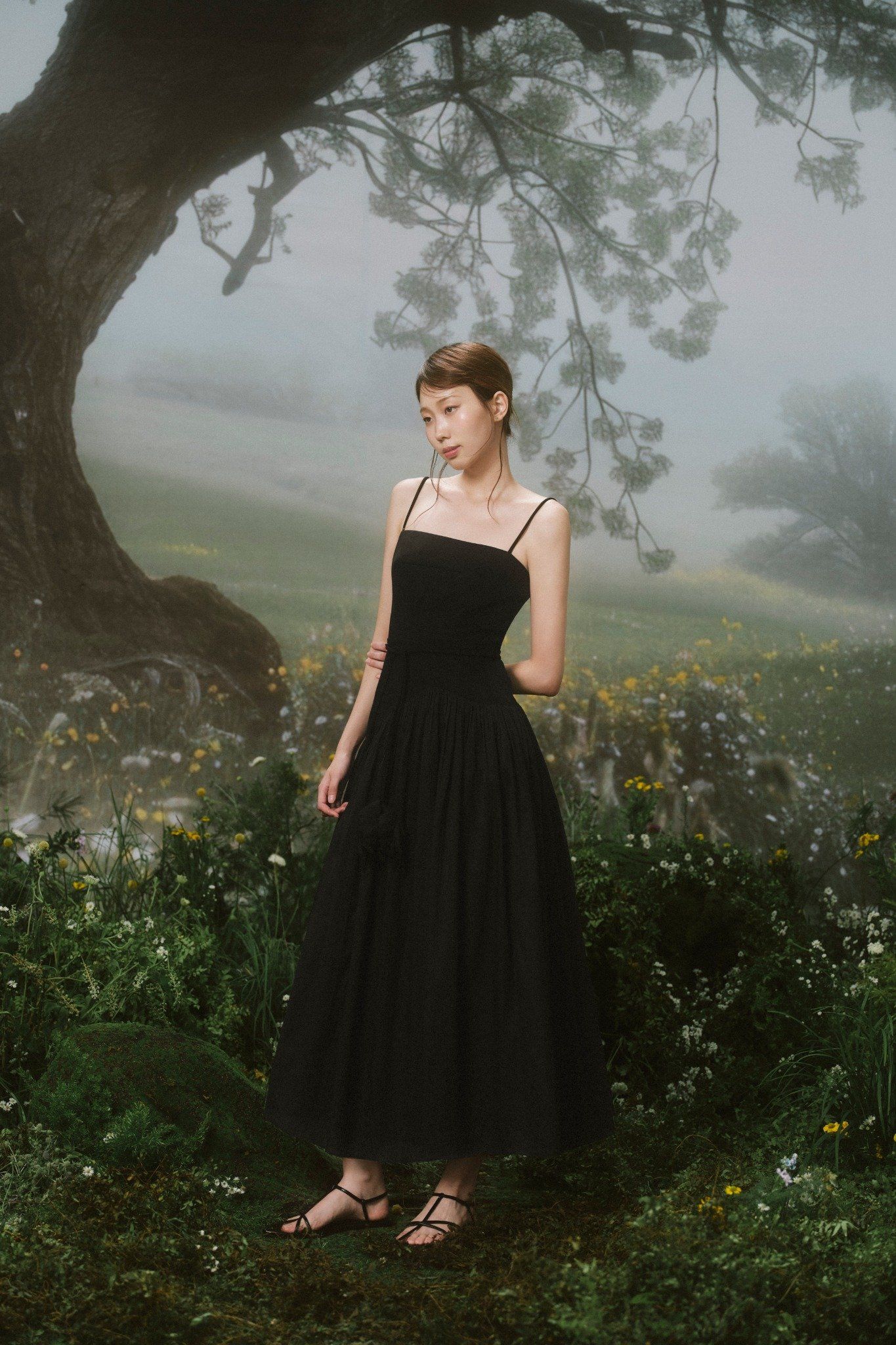 Black Strappy Pleated Belted Maxi Dress