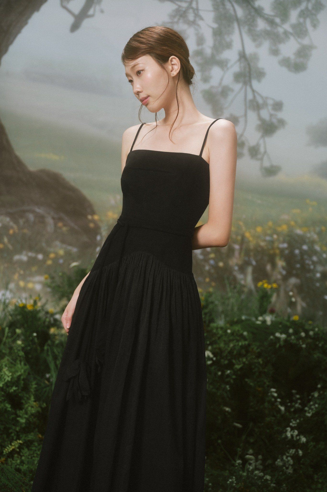 Black Strappy Pleated Belted Maxi Dress