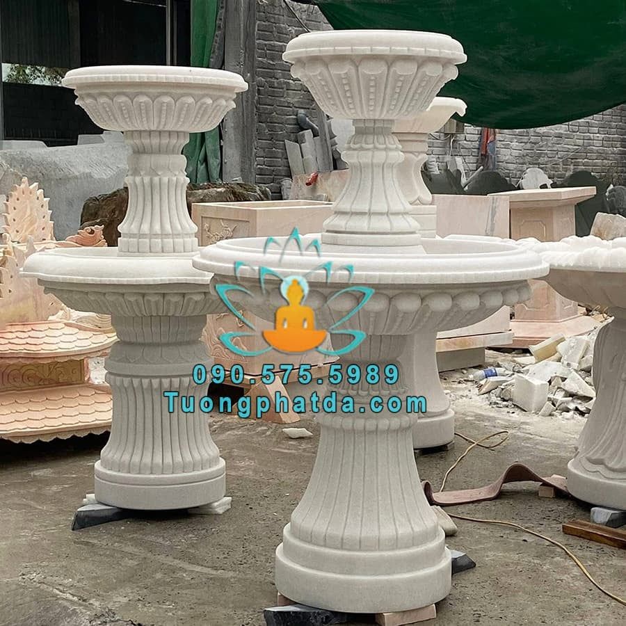 Đài Phun Nước Đá Cẩm Thạch Trắng 2 Tầng Đẹp