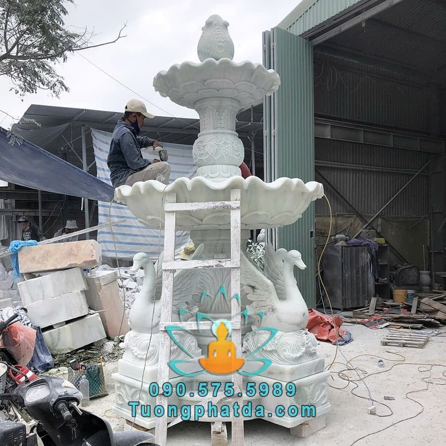 Đài Phun Nước Thiên Nga Đá Cẩm Thạch Trắng Đẹp