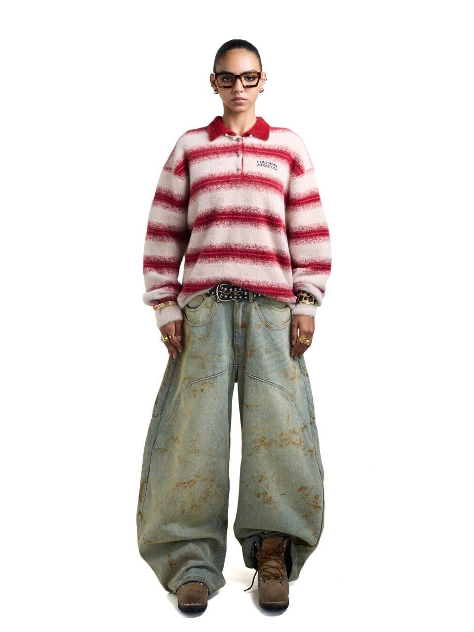  HADES COZY STRIPE POLO SWEATER - RED 