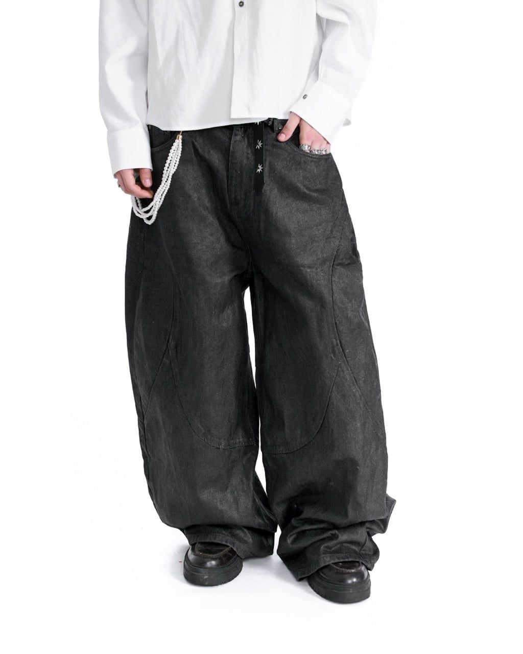  HADES FAUX LEATHER COATED WIDE-LED JEANS 