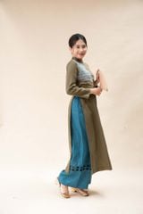 Áo dài linen cổ tàu nhún eo - Rêu