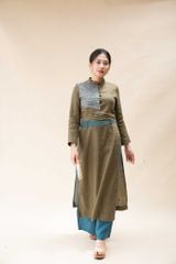 Áo dài linen cổ tàu nhún eo - Rêu