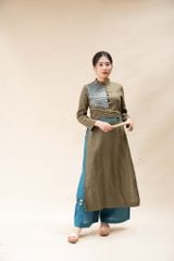 Áo dài linen cổ tàu nhún eo - Rêu