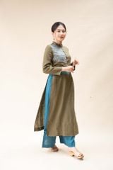 Áo dài linen cổ tàu nhún eo - Rêu