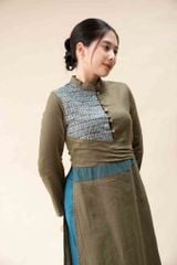 Áo dài linen cổ tàu nhún eo - Rêu