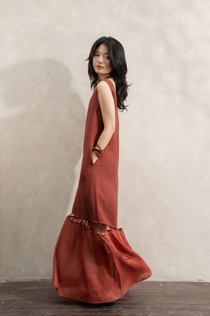 Váy Maxi đan tầng - Đỏ nâu
