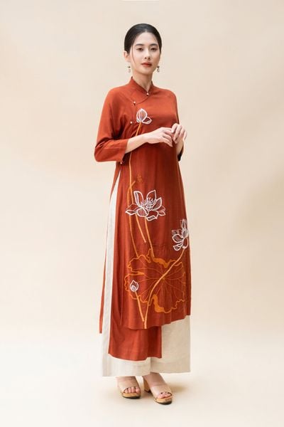 Áo dài Sole thêu hoa sen - Đỏ cam