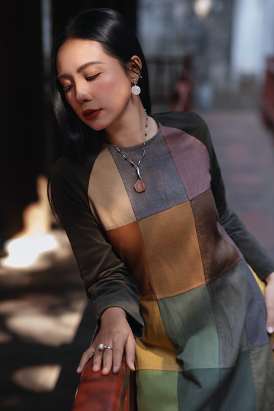 Áo dài can ô phối nhung - Rêu
