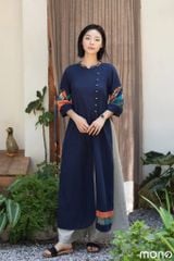 Áo dài linen tay bồng can chắp - Navy