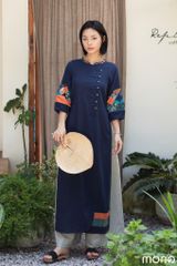 Áo dài linen tay bồng can chắp - Navy