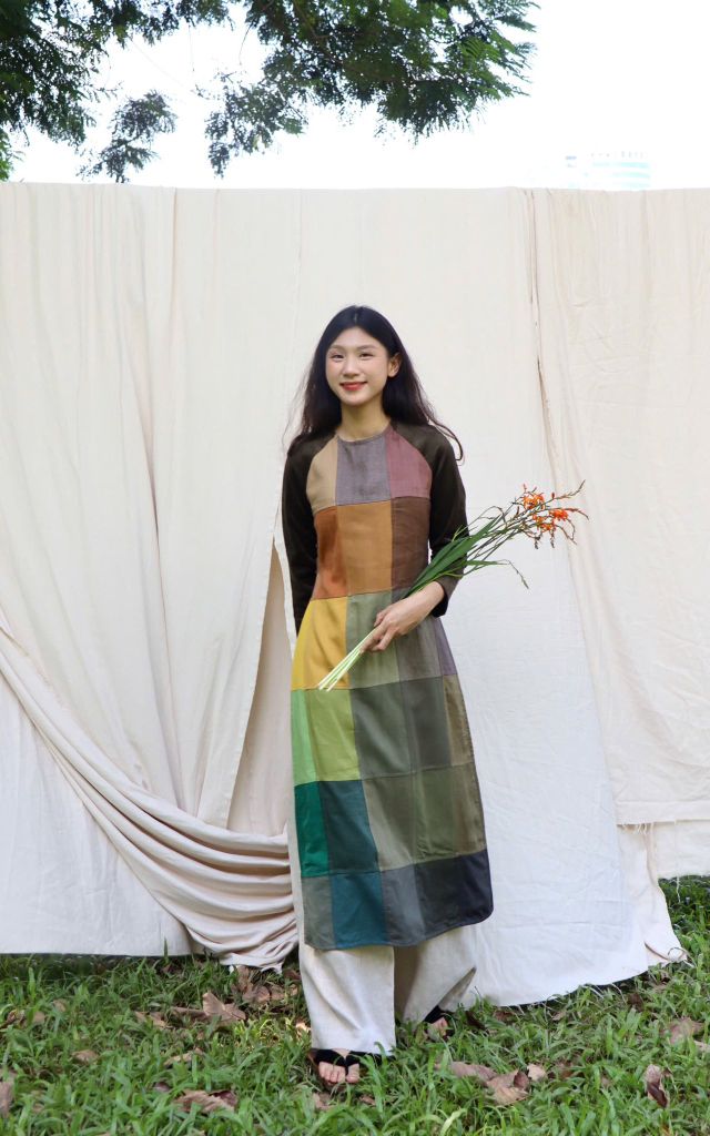 Áo dài can ô phối nhung - Rêu