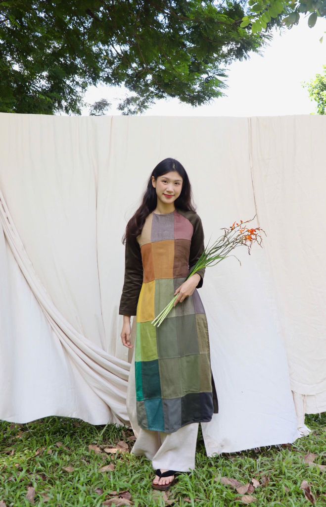 Áo dài can ô phối nhung - Rêu