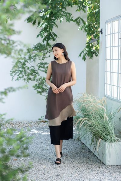 Váy maxi tơ 3 tầng - Nâu be - F