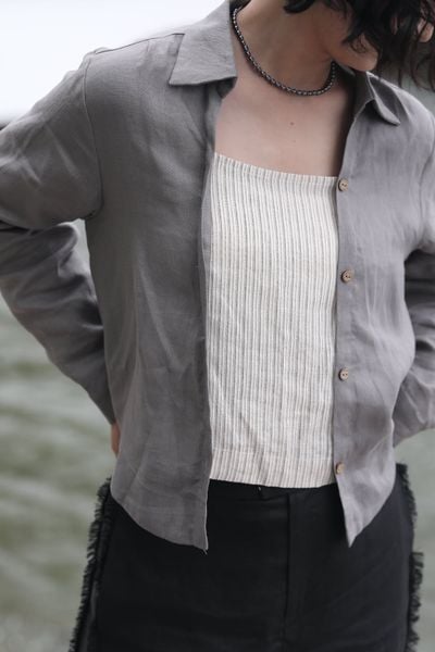 Áo sơ mi layer ly vai dài tay - Ghi - F