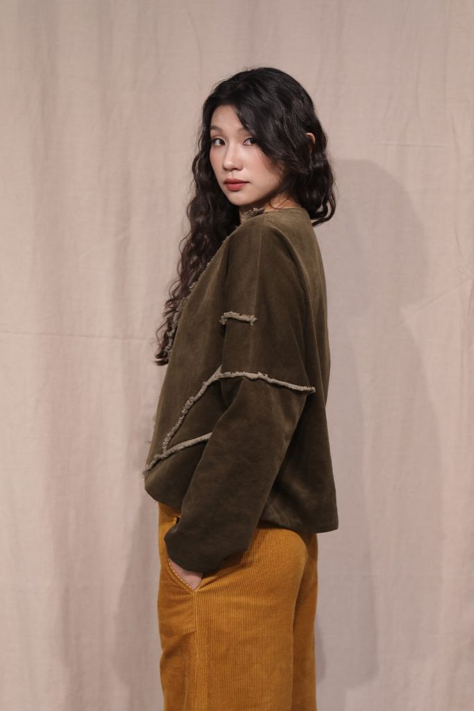 Áo nhung nẹp chéo pha biên - Rêu - F