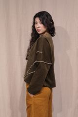 Áo nhung nẹp chéo pha biên - Rêu - F