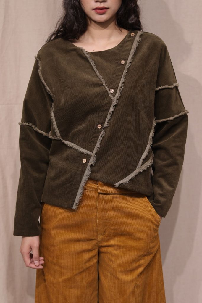 Áo nhung nẹp chéo pha biên - Rêu - F