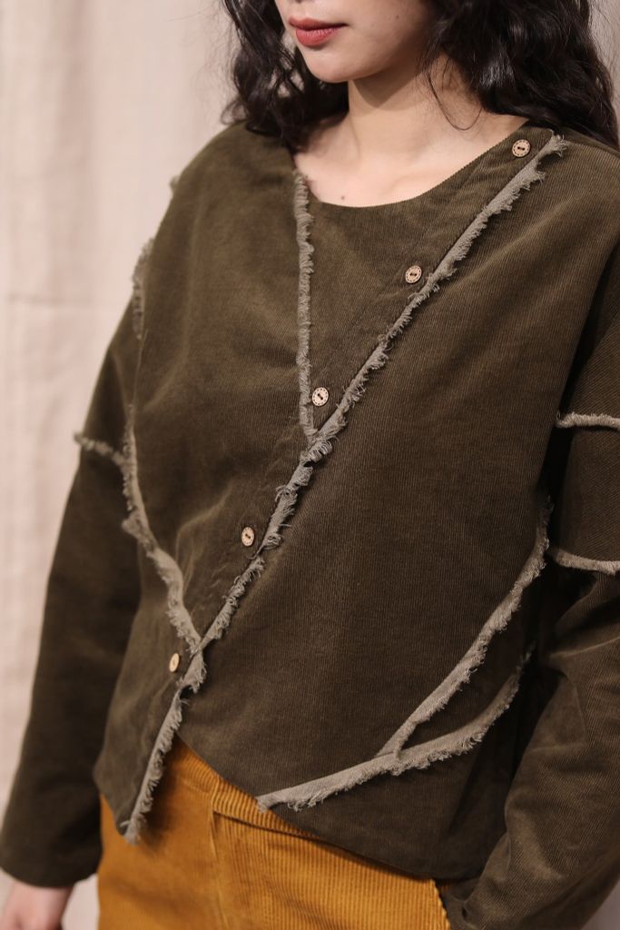 Áo nhung nẹp chéo pha biên - Rêu - F